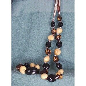 Hawaiian Brown and Ivory Kukui Nut Lei Necklace and bracelet, 33” Long Vintage